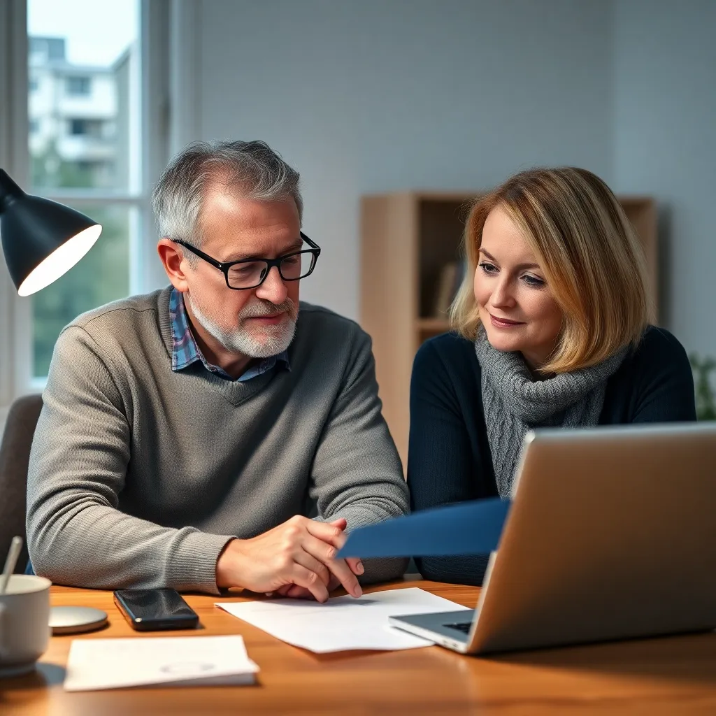 Echtpaar evalueert financiële voortgang op laptop
