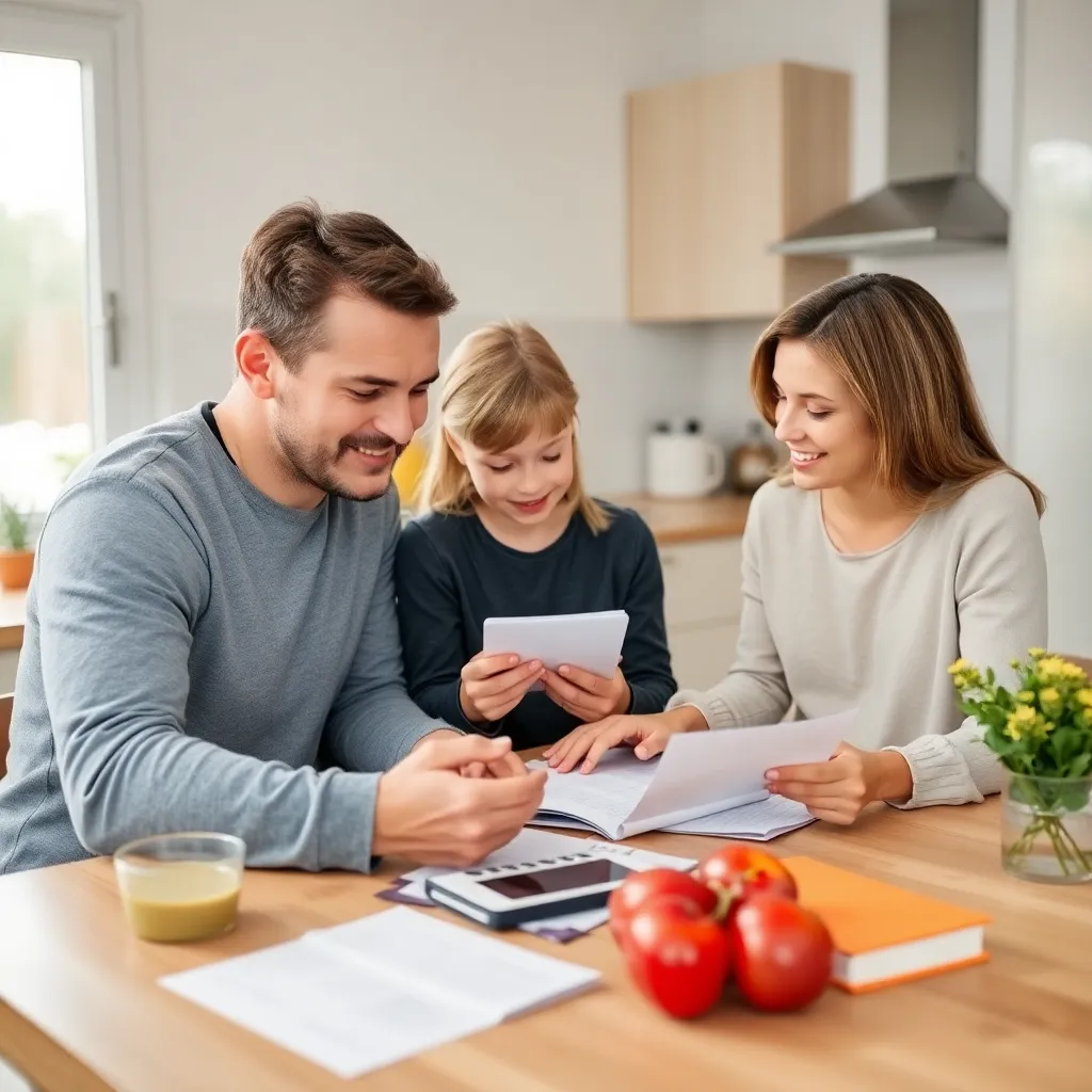 Familie bespreekt financiële doelen met elkaar in woonkamer